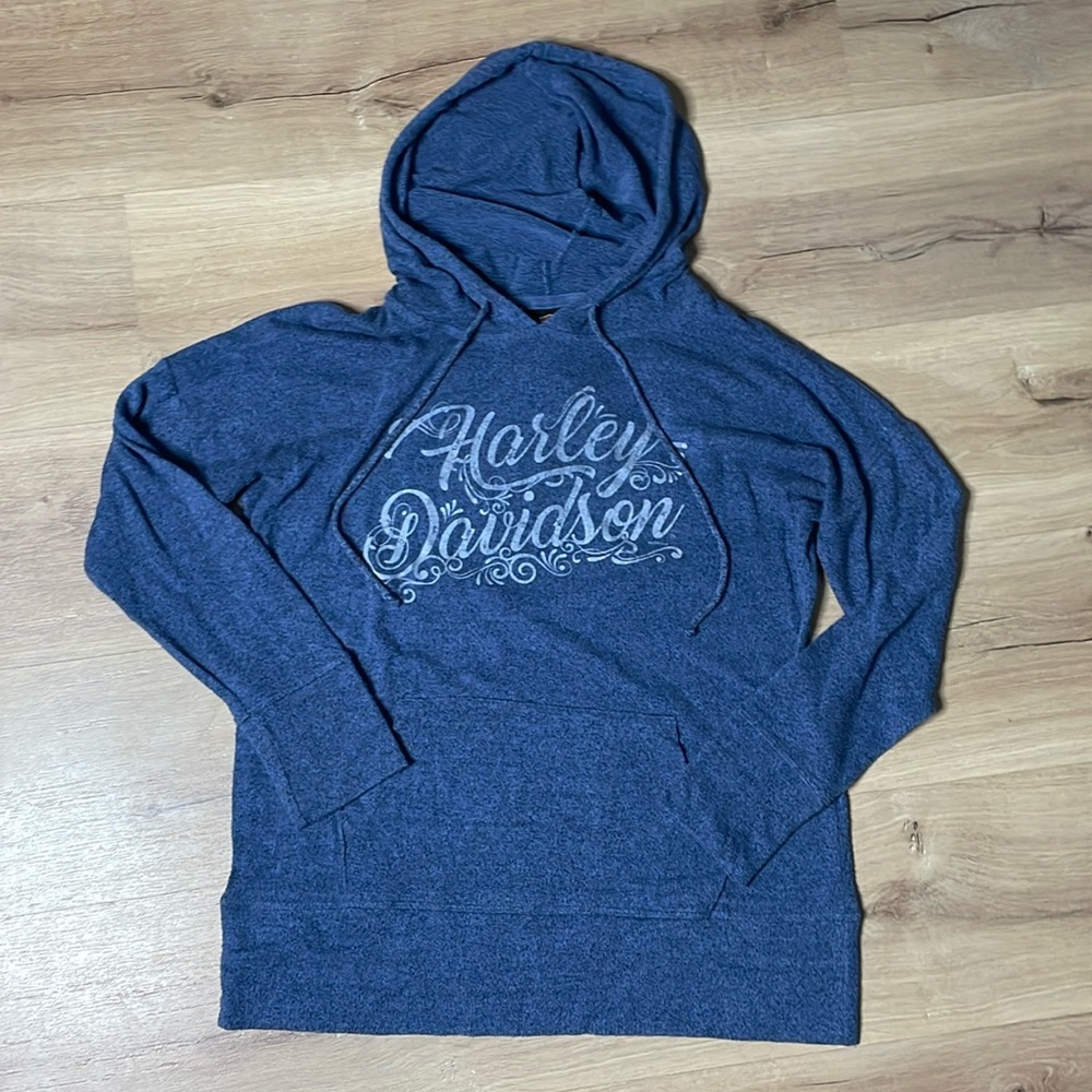 Harley Davidson 2018 Blue Lightweight Hoodie. Medium. Pilling Throughout.
